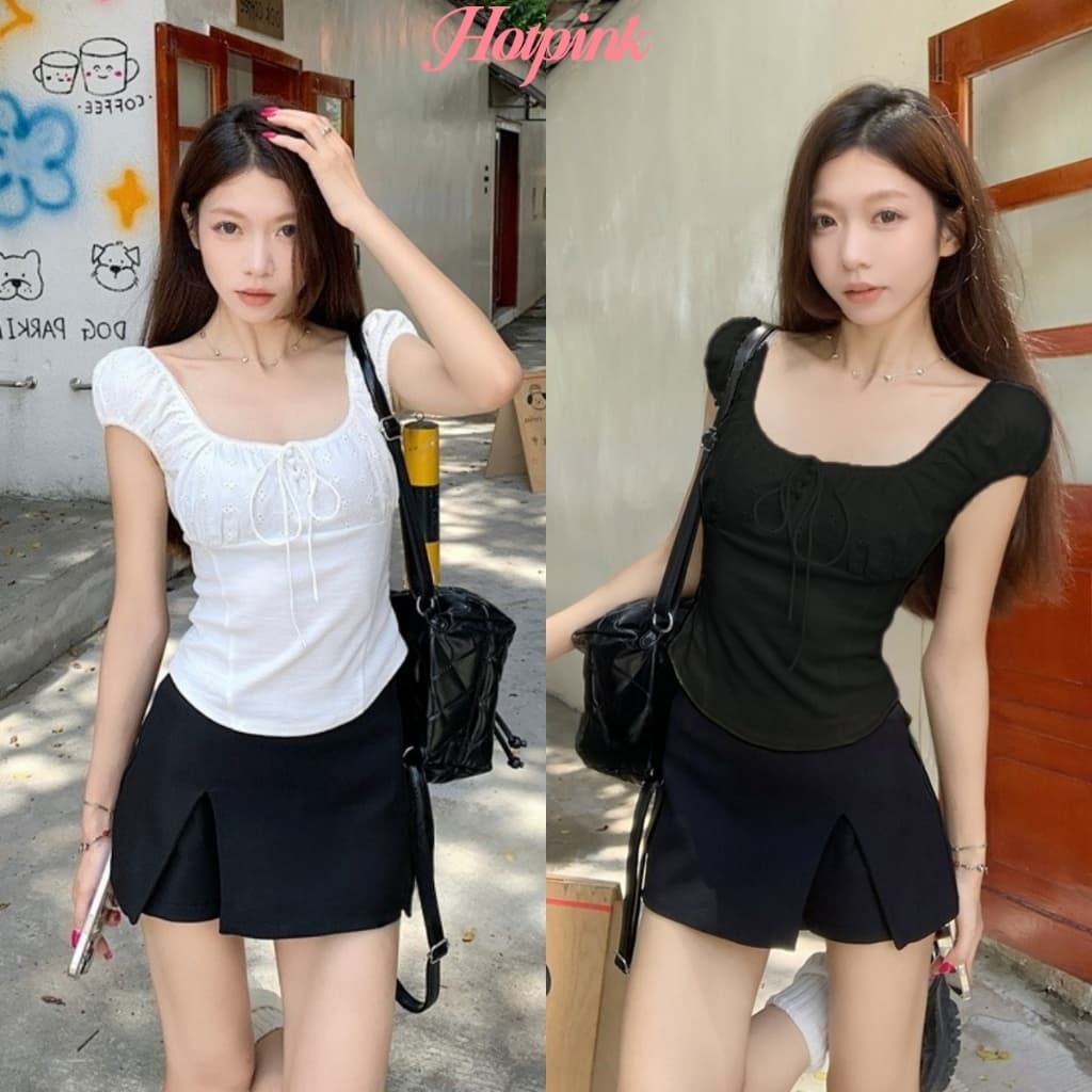 Hotpink ส่งจาก Bangkok สาวฮอต ทรงเข้ารูป เสื้อยืดคอเหลี่ยม เสื้อแขนสั้นฤดูร้อน เสื้อแขนพอง