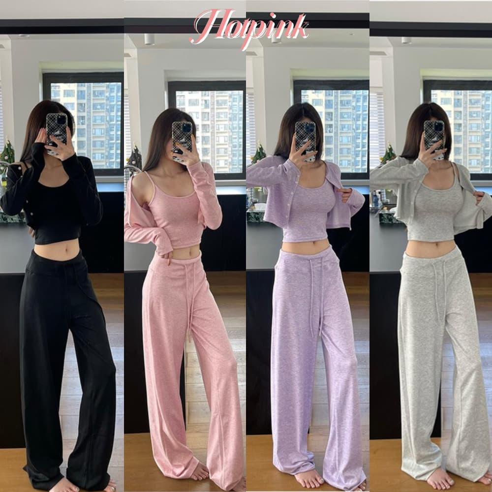 Hotpink ส่งจาก Bangkok ชุดสูทบ้าน 3 ชิ้น สบายๆ เหมือนอยู่บ้าน ประกอบด้วยเสื้อคาร์ดิแกน กางเกงขายาว และสลิง