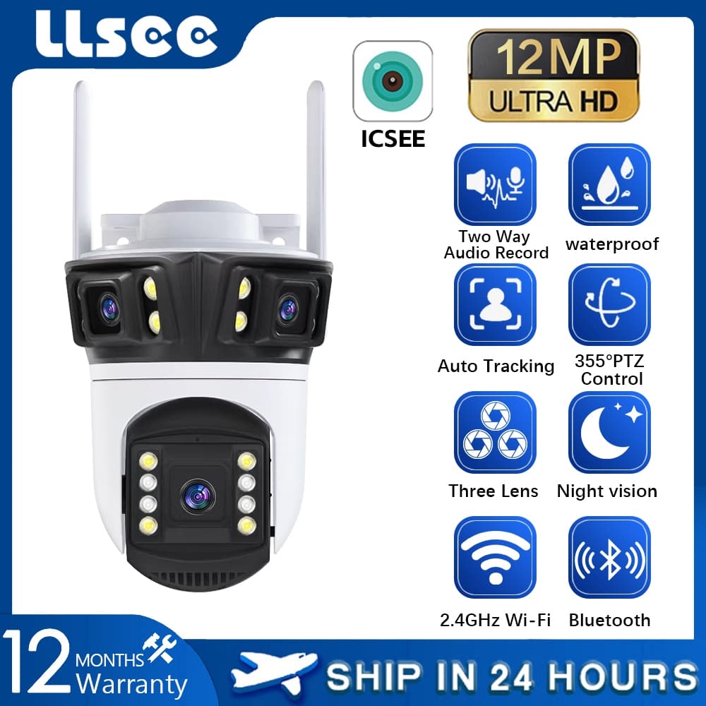 LLSEE ICSEE 12MP 6K 3 เลนส์กล้องวงจรปิดไร้สาย WIFI PTZ กันน้ํา 360 กล้อง IP…