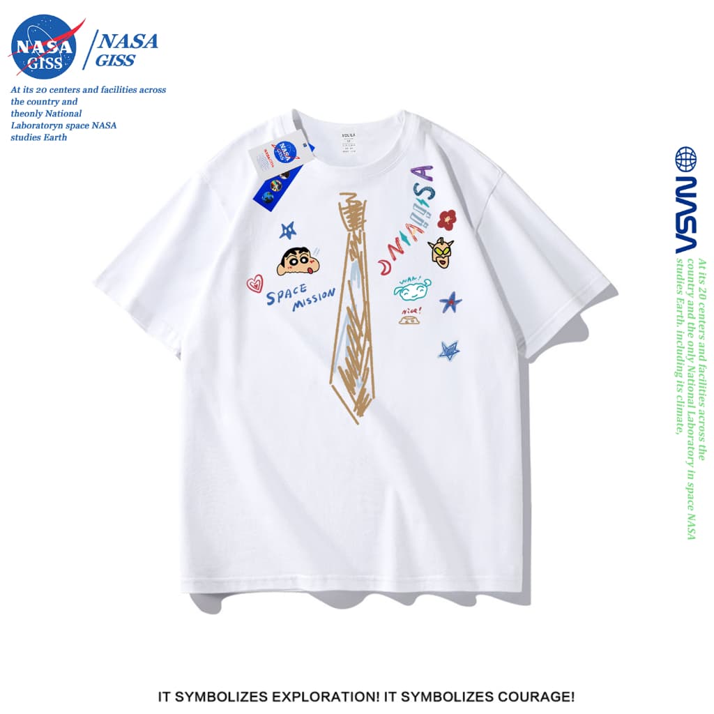 NASA เสื้อยืดชายหญิงแขนสั้น สไตล์ลําลอง summer เนคไทลายกราฟฟิตี้ เครยอนชินจัง พิมพ์ลาย คอตตอน คอกลม…