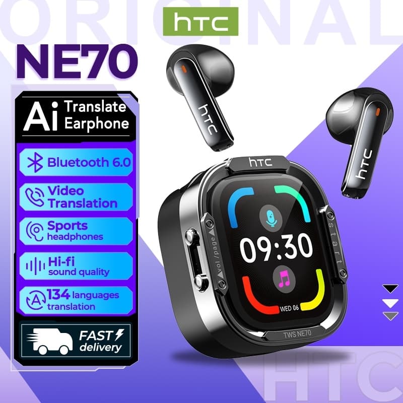 HTC NE70 หูฟังแปลภาษาด้วย AI Bluetooth 6.0 รองรับ 134 ภาษา หน้าจอ LCD อัจฉริยะ คุณภาพเสียงเบสหนักแน่นแบบ TWS…