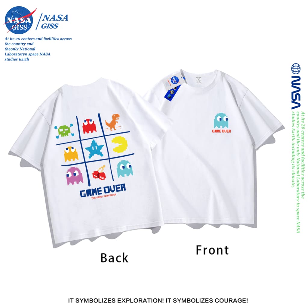 NASA เสื้อยืดชายหญิงแขนสั้น สไตล์ลําลอง summer แพ็กแมน พิมพ์ลาย คอตตอน คอกลม หลวมและระบายอากาศ