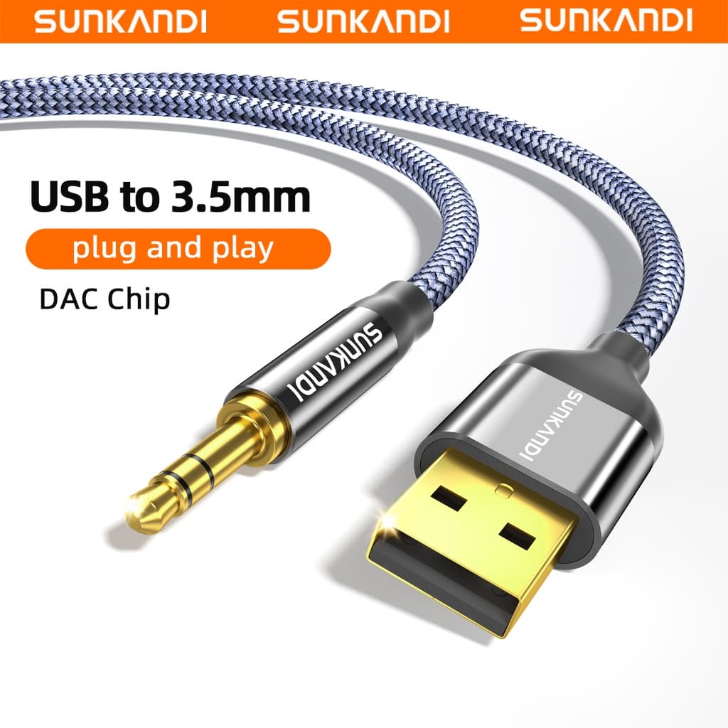 SUNKANDI AUX USB ถึง 3.5 มม.สายเคเบิลอะแดปเตอร์เสียง DAC ในตัวสําหรับลําโพงหูฟัง PC