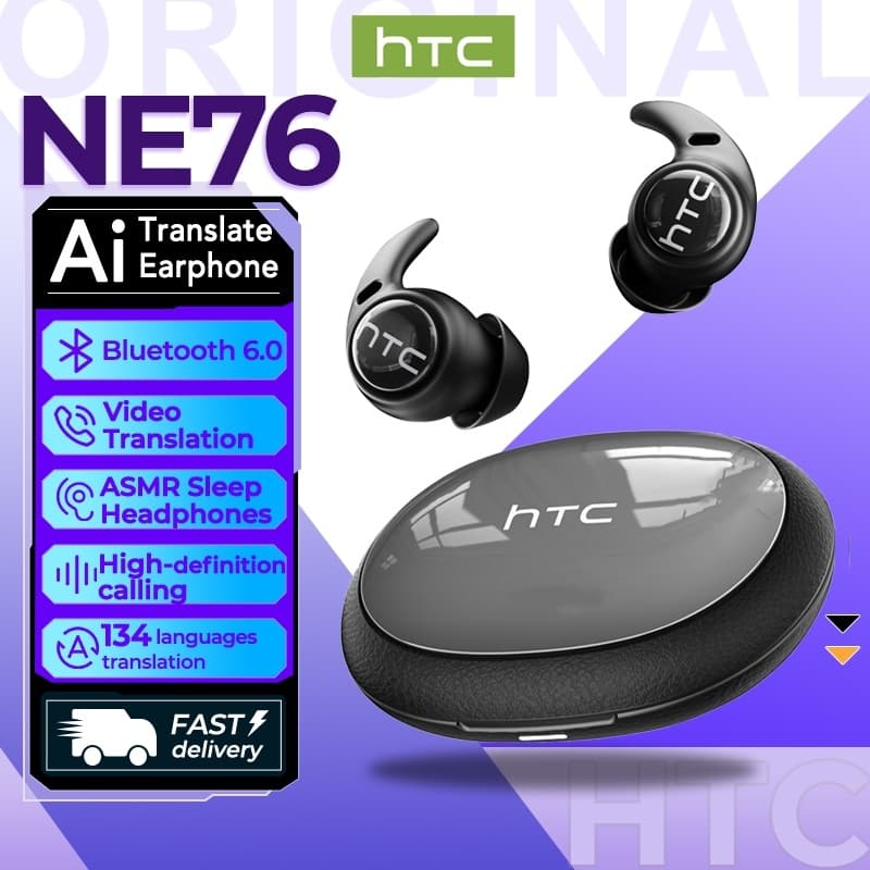 HTC NE76 หูฟังแปลภาษาด้วย AI ฟัง Bluetooth 6.0 รองรับการแปลภาษา 134 ภาษา ระบบตัดเสียงรบกวน หูฟังแบบหนีบหู TWS…