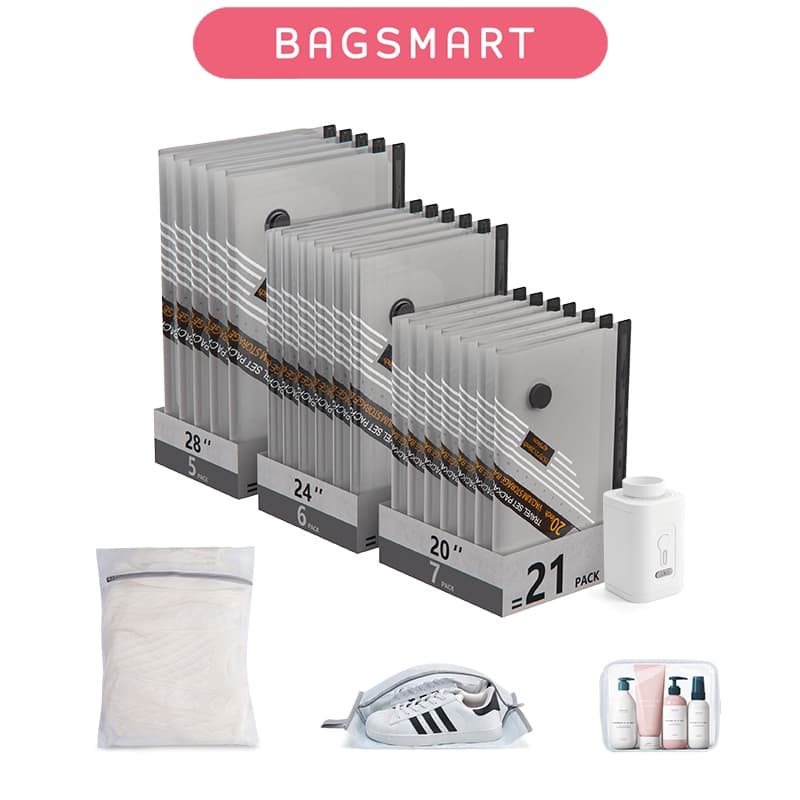 BAGSMART ชุดกระเป๋าเก็บข้อมูลเดินทางแบบปั๊มไร้สายแบบชาร์จไฟได้, กระเป๋าประหยัดพื้นที่แบบพกพา 21…