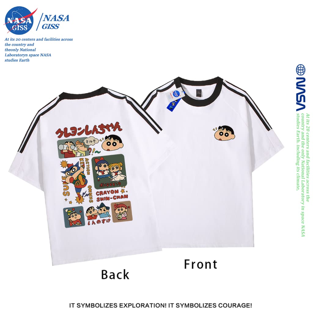 NASA เสื้อยืดสามแถบชายหญิง oversize แขนสั้น สไตล์ลําลอง summer เครยอนชินจัง คอตตอน100% คอกลม หลวมและระบายอากาศ