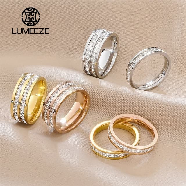 LUMEZE Shine เงินและสีทองผู้หญิงแหวนฝังสีขาวแหวนเพทายสําหรับผู้หญิงผู้ชายหมั้นเครื่องประดับงานแต่งงานของขวัญ…
