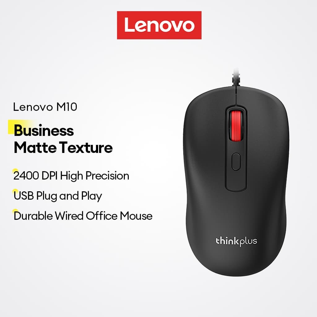 Lenovo M10 เมาส์แบบมีสายและเมาส์สํานักงาน USB พร้อม 2400 DPI และ Plug and Play plus เนื้อด้านสําหรับธุรกิจ