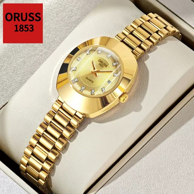 ORUSS รัส แบรนด์เดิมหญิงหรูหราสแตนเลสแฟชั่นปฏิทินเรืองแสงนาฬิกากันน้ําเวอร์ชั่นเกาหลีนาฬิกาควอทซ์ที่ดีงาม