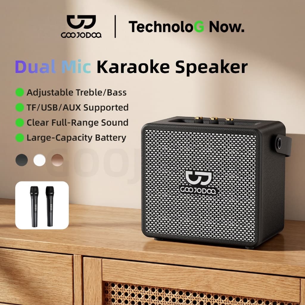 GOOJODOQ ลําโพงคาราโอเกะไม้ TF/USB/AUX รองรับเสียงเต็มรูปแบบที่ชัดเจน มาพร้อมกับไมโครโฟนสองตัว