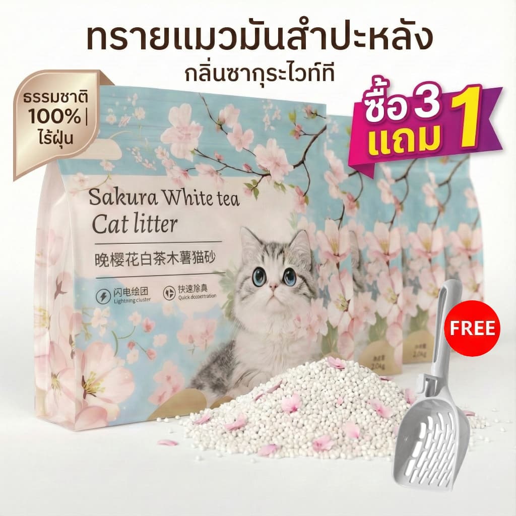 ทรายแมวมันสําปะหลัง กลิ่นซากุระชาขาว จับตัวเป็นก้อนไว ดับกลิ่นดีเยี่ยม แถมฟรี! ที่ตักท