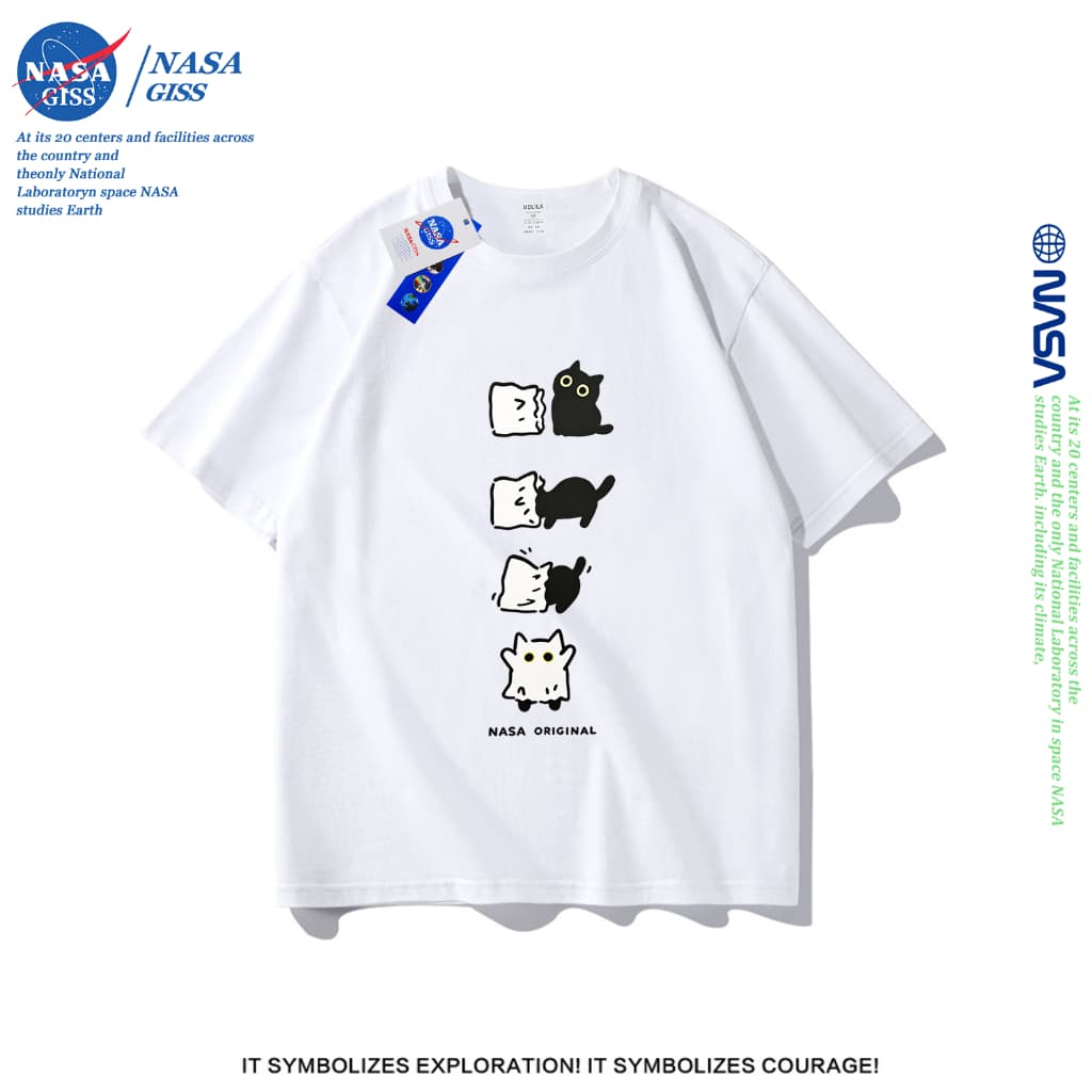 NASA เสื้อยืดชายหญิงแขนสั้น สไตล์ลําลอง summer ผีแมวดํา พิมพ์ลาย คอตตอน คอกลม หลวมและระบายอากาศ