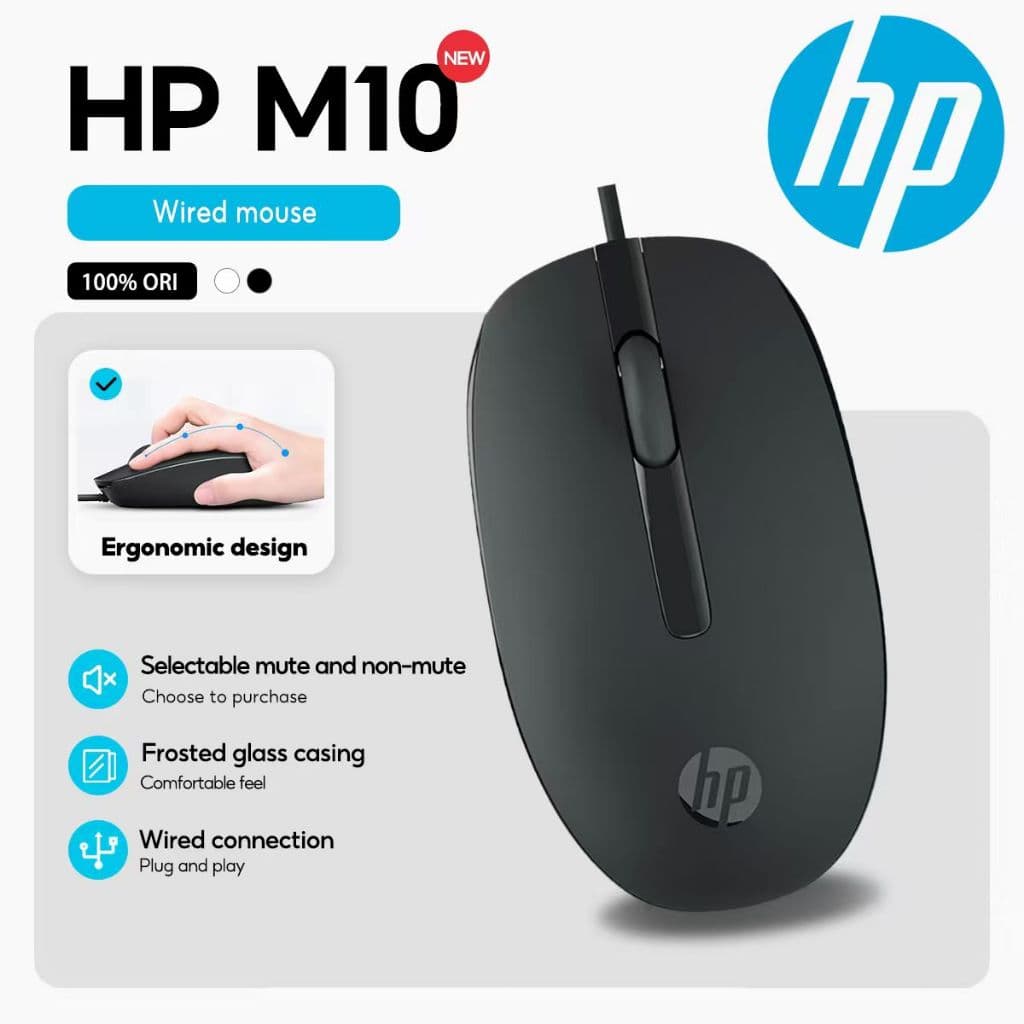 HP M10 แบบมีสาย Mouse1000 DPI Optical Sensor เมาส์เงียบแบบมีสาย Ergonomic Mice สําหรับ PC / แล็ปท็อป /…
