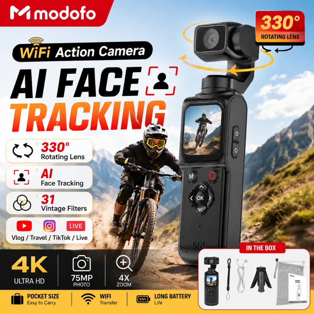 MODOFO Pocket Camera Vlog Camera 4K WiFi Action Camera AI Face Tracking ซูม18เท่า หมุนได้ 330° กล้อง 75MP…