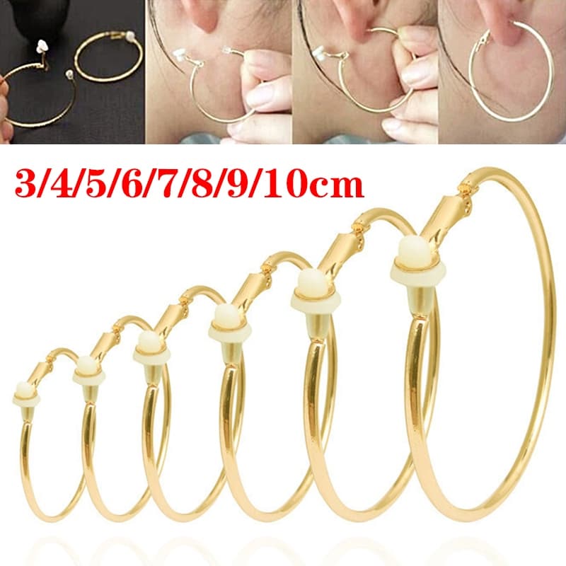 1 คู่ 3/4/6/7/8/9/10 ซม. Gold Plated Clip-On Hoop ต่างหู Non-Pierced วงกลมขนาดใหญ่หูคลิป