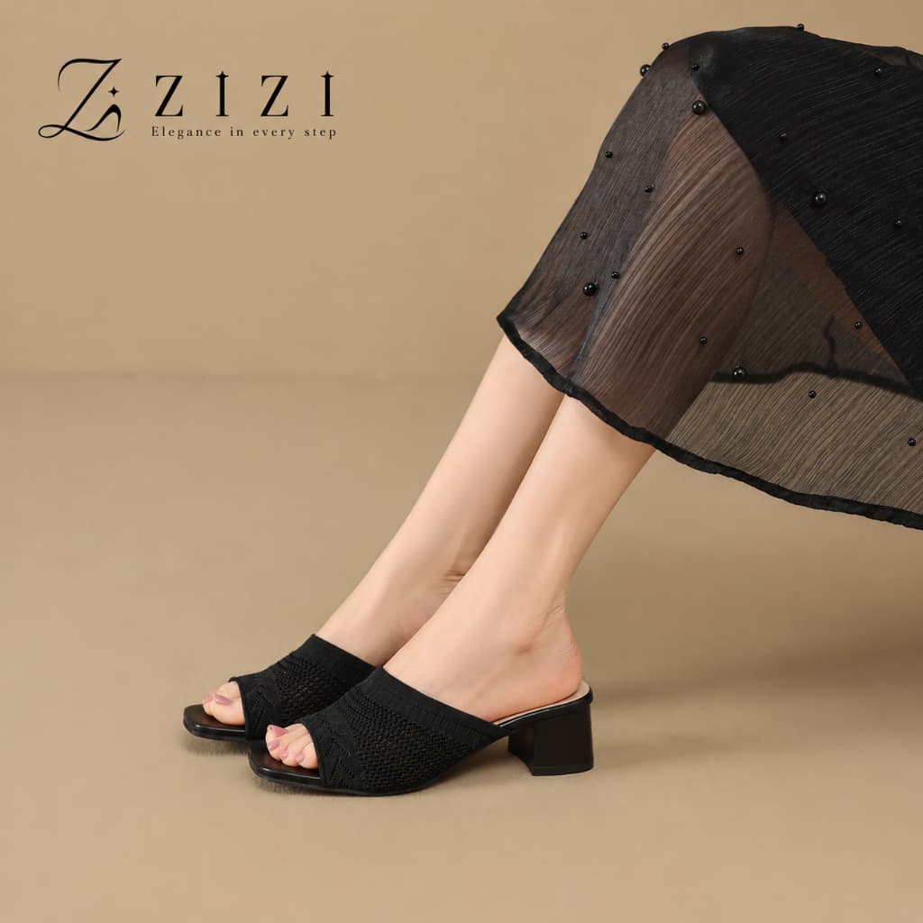 ZIZI - รองเท้าส้นกลางผู้หญิงแบบสวม ส่งจากกรุงเทพฯ เปิดหน้าเท้า ส้นบล็อก ผ้าถัก ใส่ง่ายสไตล์เรียบหรู