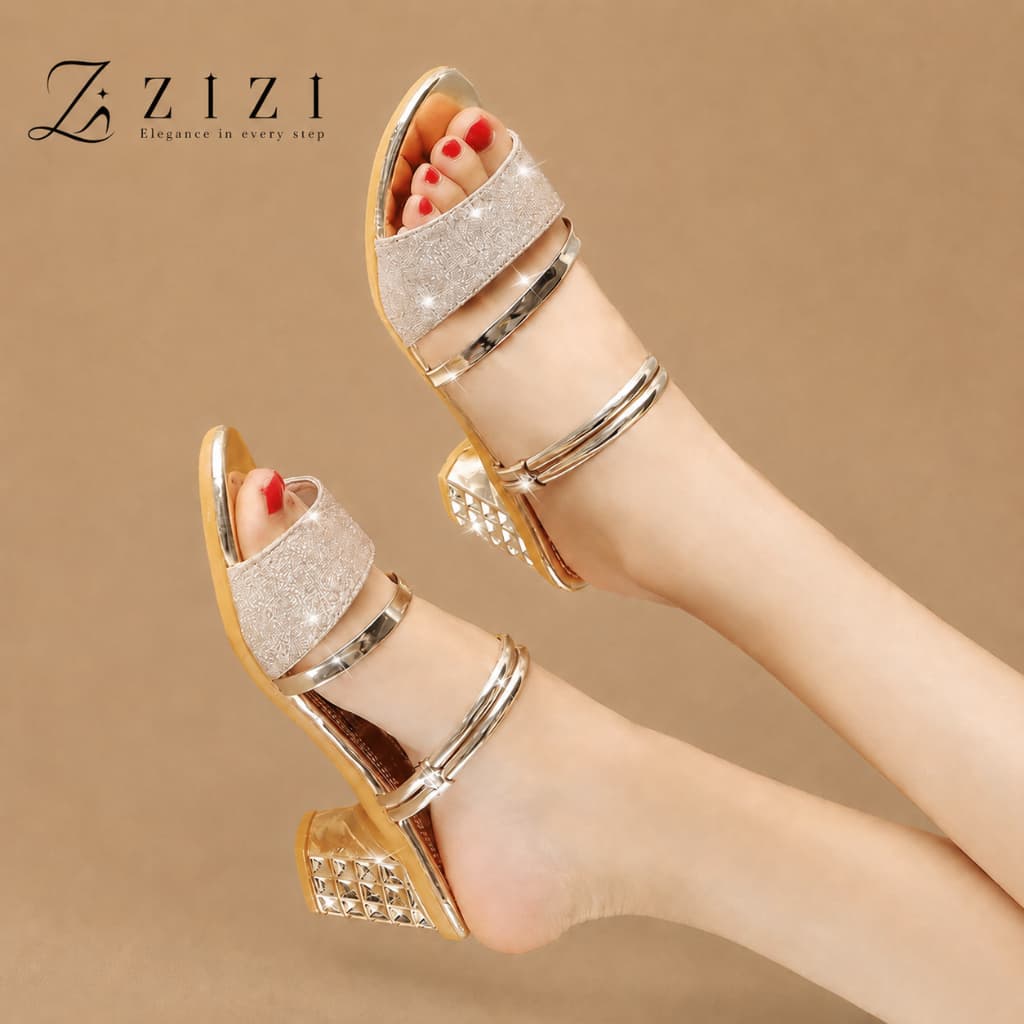 ZIZI - รองเท้าส้นสูงผู้หญิงรัดส้น ส่งจากกรุงเทพฯ ส้นบล็อกกลิตเตอร์ 6.5 ซม. ใส่ได้ 2 แบบ สีทอง สีเงิน