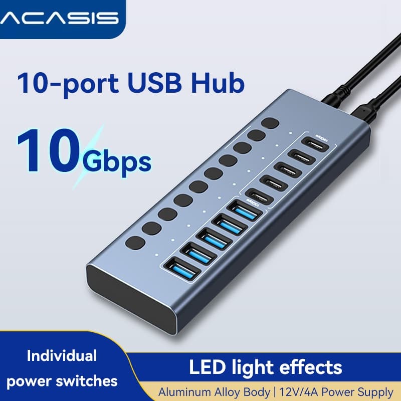 ACASIS 10 พอร์ต 10Gpbs USB3.2 Hub 5 * USB-A & 5 * ประเภท C 3.2 HUB สนับสนุน BC1.2 ชาร์จ 12V4A… รูปที่ 1