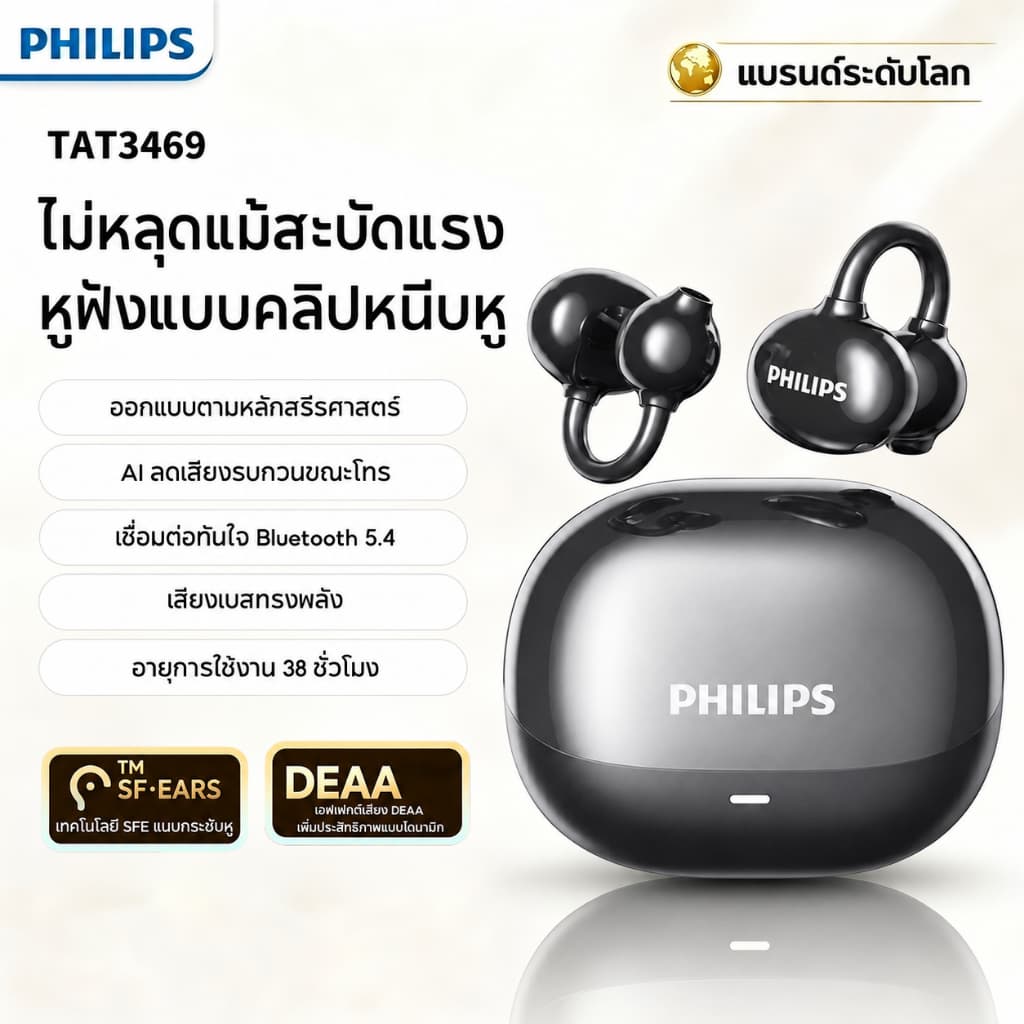 Philips TAT3469 ชุดหูฟังบลูทูธคลิปหูไร้สาย Bone Conduction Concept Call ลดเสียงรบกวนสวมใส่กีฬาสบาย 360 °…