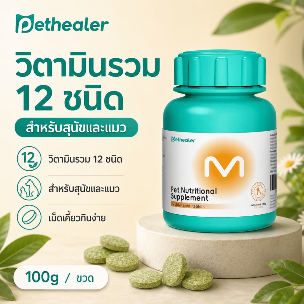 Pethealer ขนมสัตว์เลี้ยง 100g เม็ดเคี้ยวเสริมโภชนาการ วิตามิน 12 ชนิด สําหรับดูแลสุขภาพประจําวัน