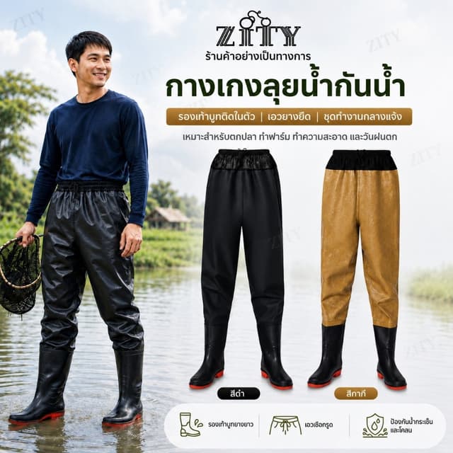 ZITY กางเกงกันน้ําพร้อมรองเท้าบูทยาง สําหรับตกปลา ทําฟาร์ม และทํางานกลางฝน ไซซ์ 38-47