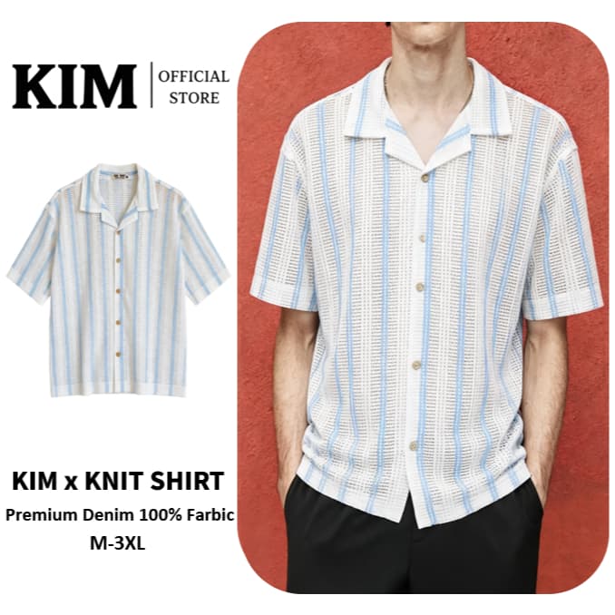 Striped Hollow Knit Shirt เสื้อเชิ้ตถักแขนสั้นลายทางสีฟ้าอ่อน ผ้าถักรูพรุนระบายอากาศ ทรงOversize…
