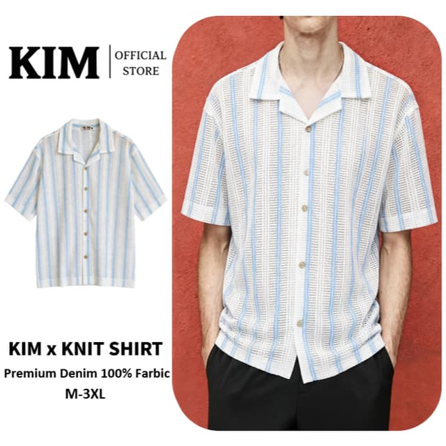 Striped Hollow Knit Shirt เสื้อเชิ้ตถักแขนสั้นลายทางสีฟ้าอ่อน ผ้าถักรูพรุนระบายอากาศ ทรงOversize…
