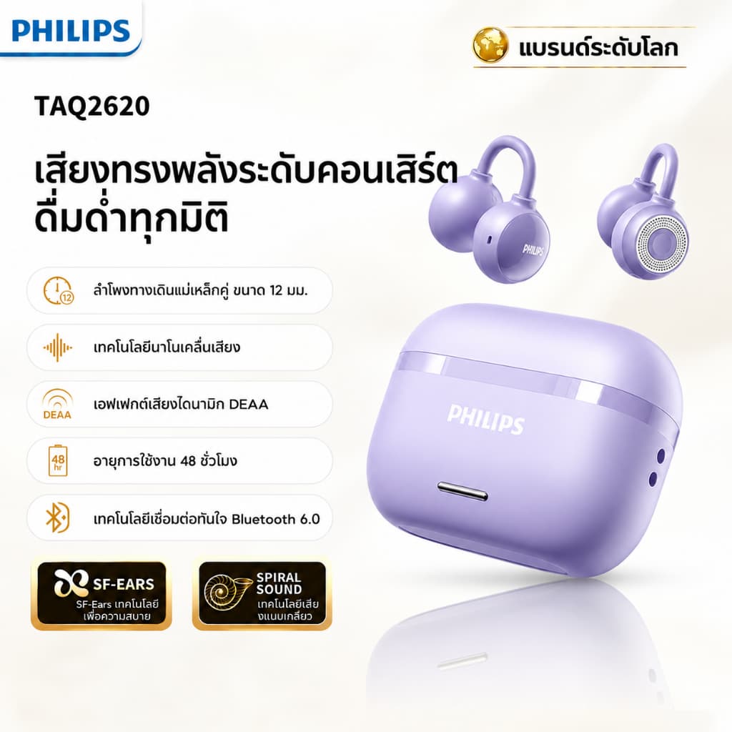 2026 สไตล์ใหม่ Philips TAQ2620 ชุดหูฟังบลูทูธไร้สายแบบคลิปหูเหมาะสําหรับวิ่งกีฬาคุณภาพเสียง ความละเอียดสูง…
