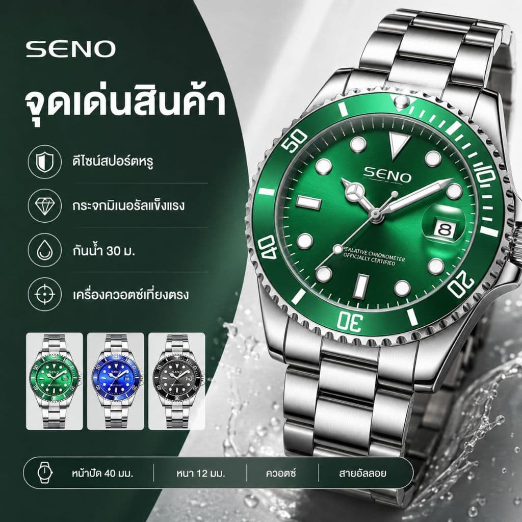 นาฬิกาสไตล์ นักดําน้ํา ผู้ชาย สแตนเลส 3 สี (สีดํา/สีฟ้า/สีเขียว) นาฬิกาวันที่กันน้ํา