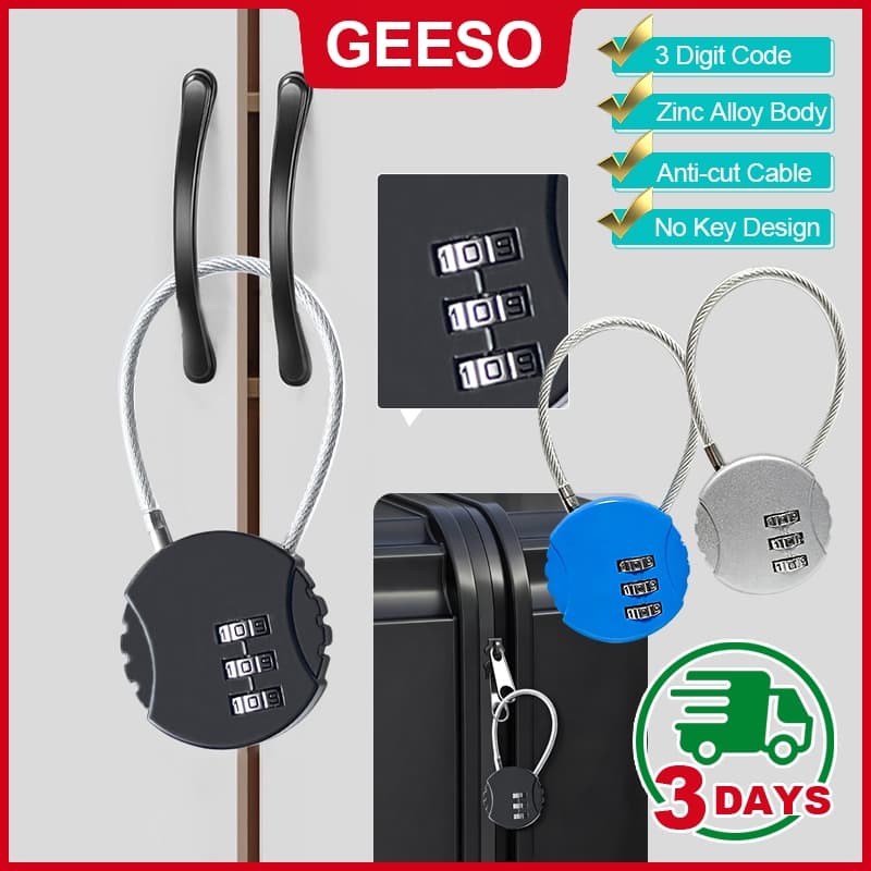 GEESO กุญแจรหัสสายสลิง 3 หลัก ป้องกันขโมย ตั้งรหัสซ้ําได้ สําหรับกระเป๋าเดินทางและกระเป๋าเป้ 3 Digit Steel…