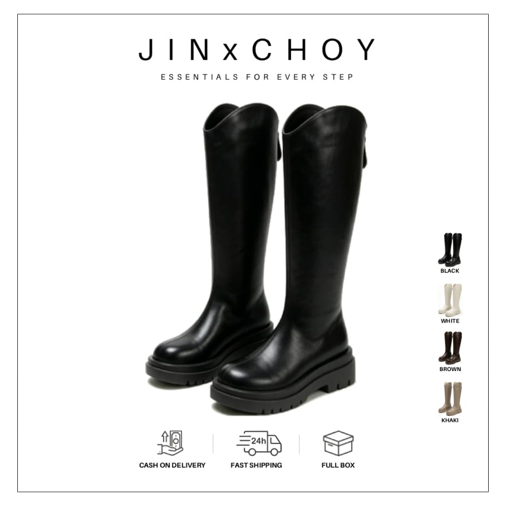 JINxCHOY รองเท้าบูทส้นสูง หนัง PUV หัวกลม แต่งซิปด้านหลัง แบบเรียบง่าย แฟชั่นฤดูหนาว สไตล์ฝรั่งเศสเรโทร… รูปที่ 1