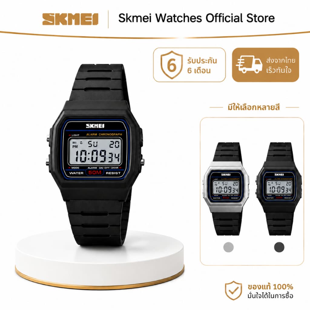 SKMEI 1412 นาฬิกาข้อมือดิจิตอล ทรงสี่เหลี่ยม น้ําหนักเบา กันน้ํา 50M ไฟ EL จับเวลา นาฬิกาปลุก แสดงวันที่…