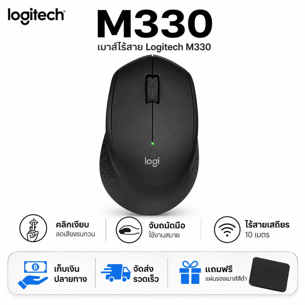 Logitech M330 Silent เมาส์ไร้สาย เสียงเงียบ Wireless Mouse 1000 DPI เมาส์ทํางาน PC โน้ตบุ๊ค [สีดํา]