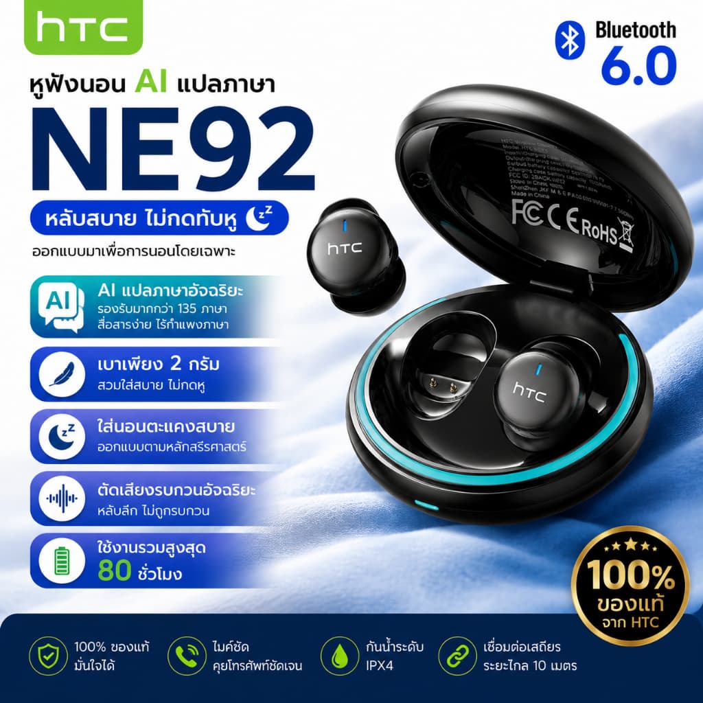 HTC NE92 หูฟังนอนหลับ แปลภาษา AI หูฟังบลูทูธ 6.0 ตัดเสียงรบกวน ใส่นอนตะแคงได้ เบา 2 กรัม แบต 80 ชม