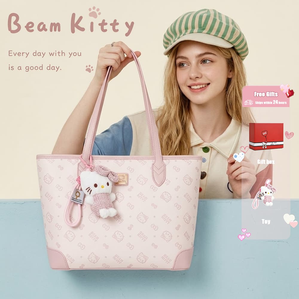 Beam Kitty กระเป๋าโท้ทขนาดใหญ่สีชมพูและขาวใบนี้ เป็นกระเป๋าสะพายไหล่ที่ใช้งานได้จริง…