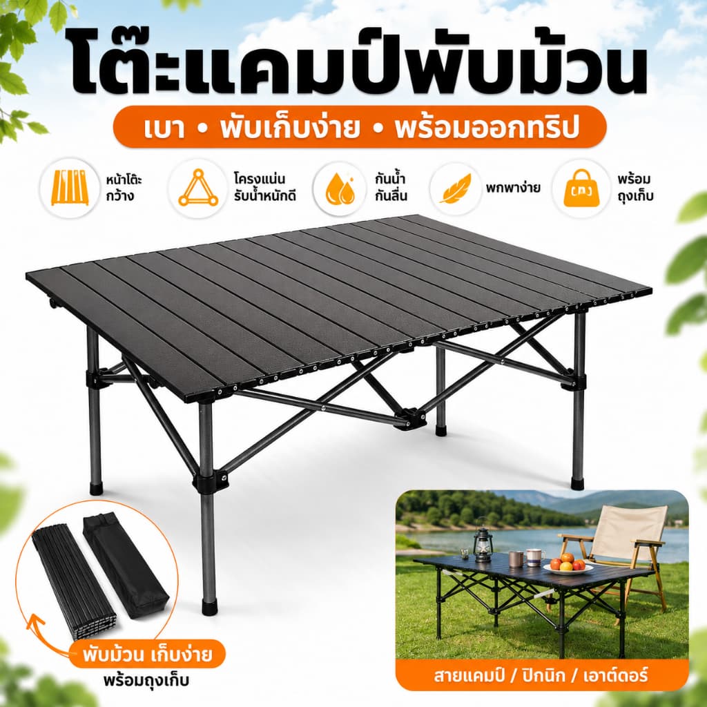 โต๊ะแคมป์ปิ้ง แบบม้วน โต๊ะพับ น้ําหนักเบา โต๊ะตั้งแคมป์ กลางแจ้ง ทําความสะอาดง่าย แถมถุงเก็บ
