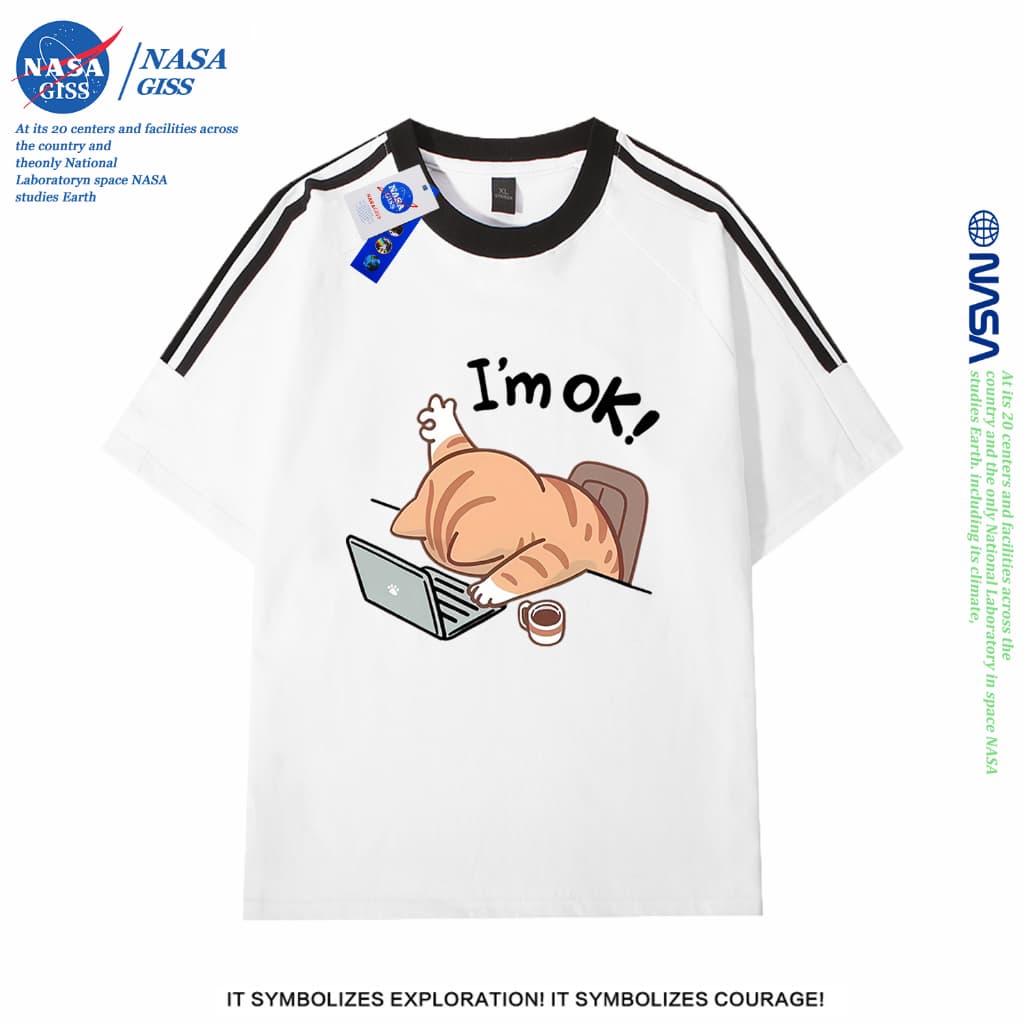 NASA เสื้อยืดสามแถบชายหญิง oversize แขนสั้น สไตล์ลําลอง summer I'm OK พิมพ์ลาย คอตตอน100% คอกลม…