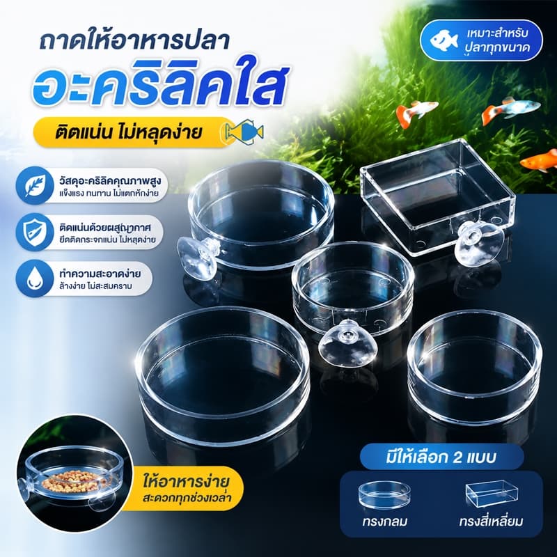 CozyNest พร้อมส่ง ที่ให้อาหารปลาอะคริลิคใส Aquarium Feeder กล่องอาหารปลาและกุ้ง แบบกลม/สี่เหลี่ยม…