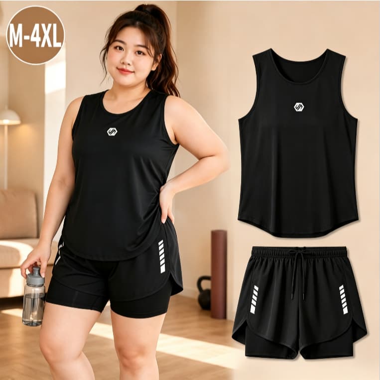 เสื้อกั๊ก+ชุดกีฬากางเกงขาสั้นซับในคู่, สาวพลัสไซส์อ้วนเล็กน้อย ม-4เอ็กแอล, ชุดออกกําลังกายวิ่งโยคะ,…