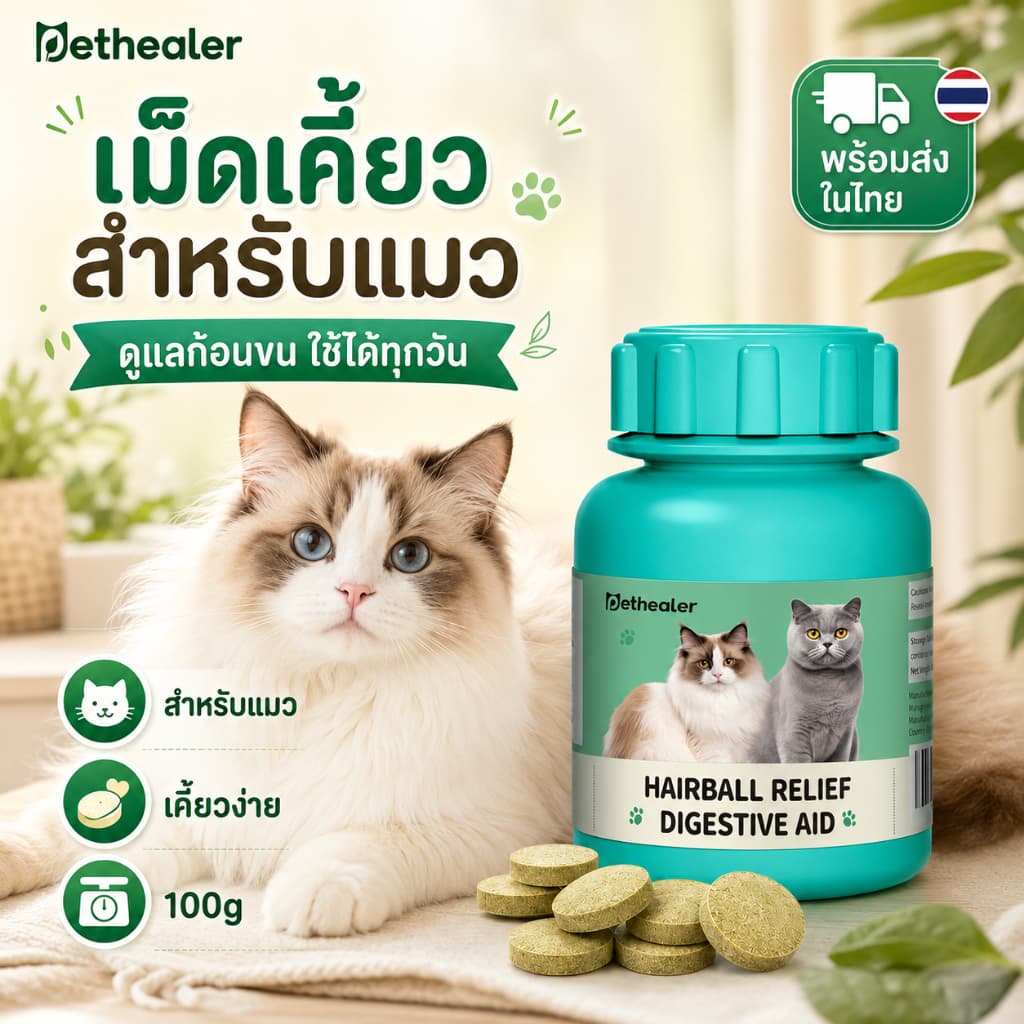 PETHEALER เม็ดเคี้ยวสําหรับแมว 100g เม็ดสีเขียว เคี้ยวง่าย ใช้ได้ทุกวัน สําหรับแมวเลี้ยงในบ้าน พร้อมส่งในไทย