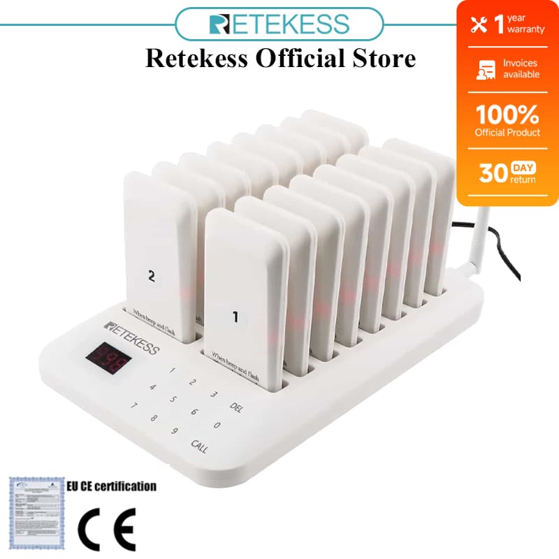 Retekess TD157 ระบบเรียกคิว เพจเจอร์เรียกคิว แบบไร้สาย ระบบเรียกคิว เครื่องไร้สาย 1-99 ปุ่มกดระบบสัมผัส…