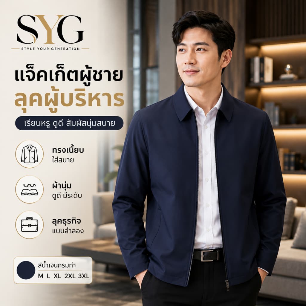 SYG เสื้อแจ็คเก็ตผู้ชาย สไตล์ผู้บริหาร ทรงหลวม มีซิป สไตล์ธุรกิจลําลอง ใส่ทํางาน ใส่ประชุม ใส่เที่ยว รูปที่ 1
