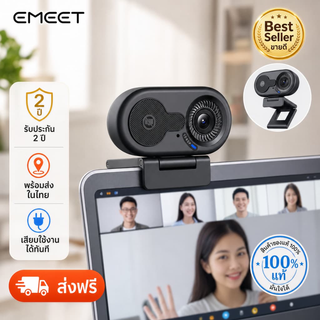 EMEET C100 1080P Full HD webcam กล้องเว็บแคม USB Auto Focus ไมโครโฟนในตัว ฝาปิดความเป็นส่วนตัวในตัว…