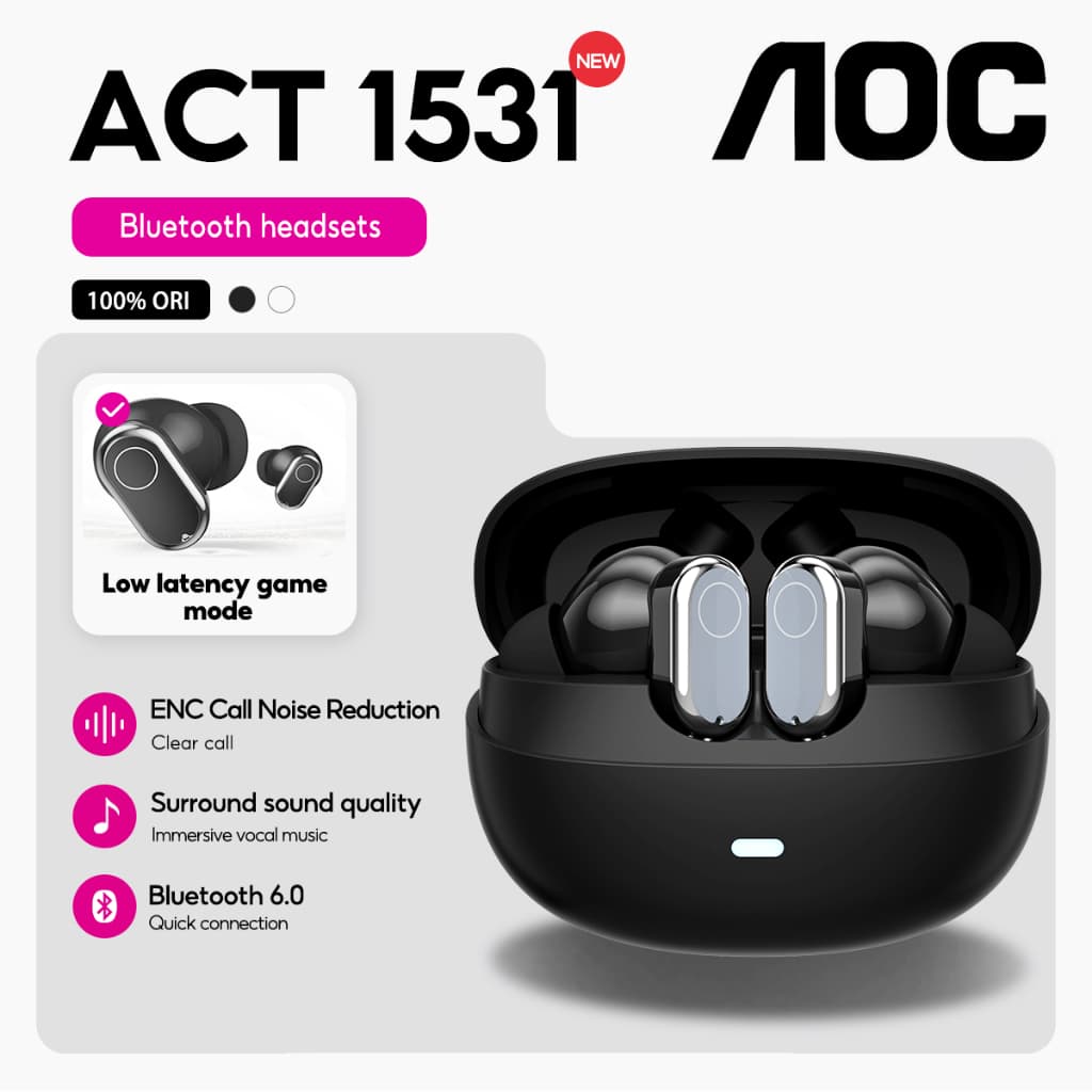 AOC ACT-1531 หูฟังไร้สายบลูทูธ 6.0 | 360 เสียงรอบทิศทางเชิงพื้นที่ไดอะแฟรมที่กําหนดเองหูฟังสําหรับเล่นเกมที่มี…