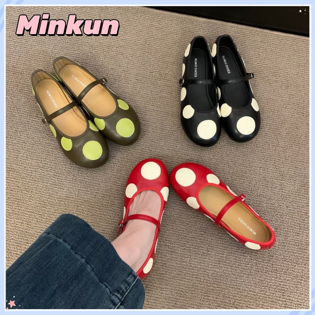 Minkun ผู้หญิง Polka Dot Mary Jane รองเท้าแบนรองเท้าเท้ากลมสายรัด Soft Sole รองเท้าตุ๊กตาสบาย ๆ