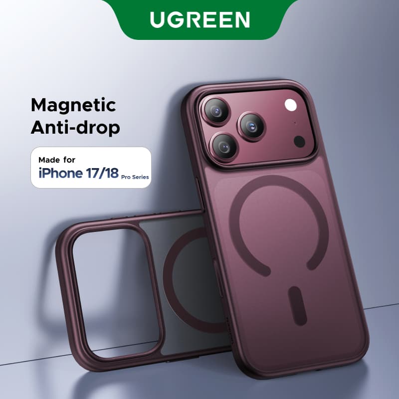 UGREEN เคสโทรศัพท์แม่เหล็กสีแดงเข้ม มีถุงลมกันกระแทก เต็มตัว กันรอยนิ้วมือ iPhone 18/17 Pro/Pro Max