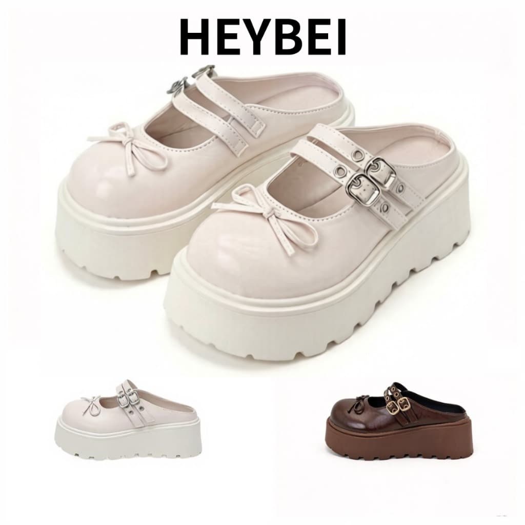 HEYBEI รองเท้าแตะผู้หญิงส้นหนา 6 ซม รองเท้ามารีเจนสวมไม่มีส้นหลัง โบว์ผูกน่ารัก สายรัดคู่ตัวล็อกโลหะ…