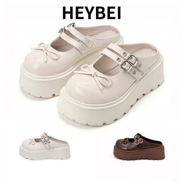 HEYBEI รองเท้าแตะผู้หญิงส้นหนา 6 ซม รองเท้ามารีเจนสวมไม่มีส้นหลัง โบว์ผูกน่ารัก สายรัดคู่ตัวล็อกโลหะ…