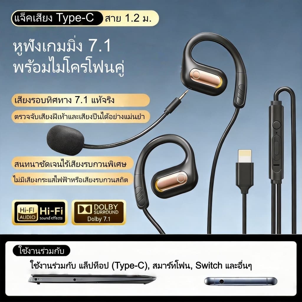 ชุดหูฟังสําหรับเล่นเกมแบบเปิดหูเสียงเซอร์ราวด์ 7.1 พร้อมระบบตัดเสียงรบกวนแบบไมค์คู่, เสียงความละเอียดสูง,…