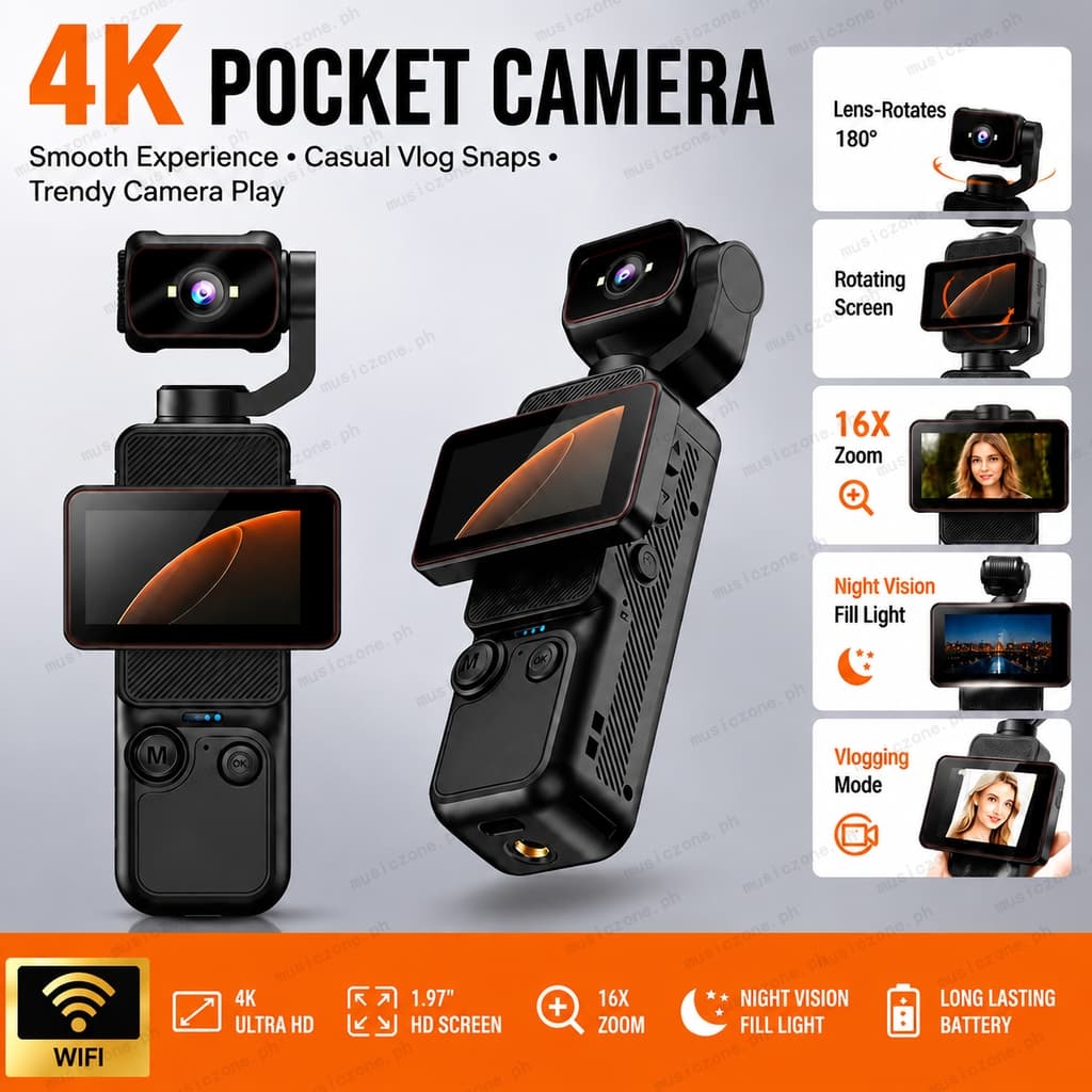Pocket Action Camera 4K Wifi Handheld Vlog กล้อง 1.97 นิ้วหน้าจอหมุนได้ 180°…
